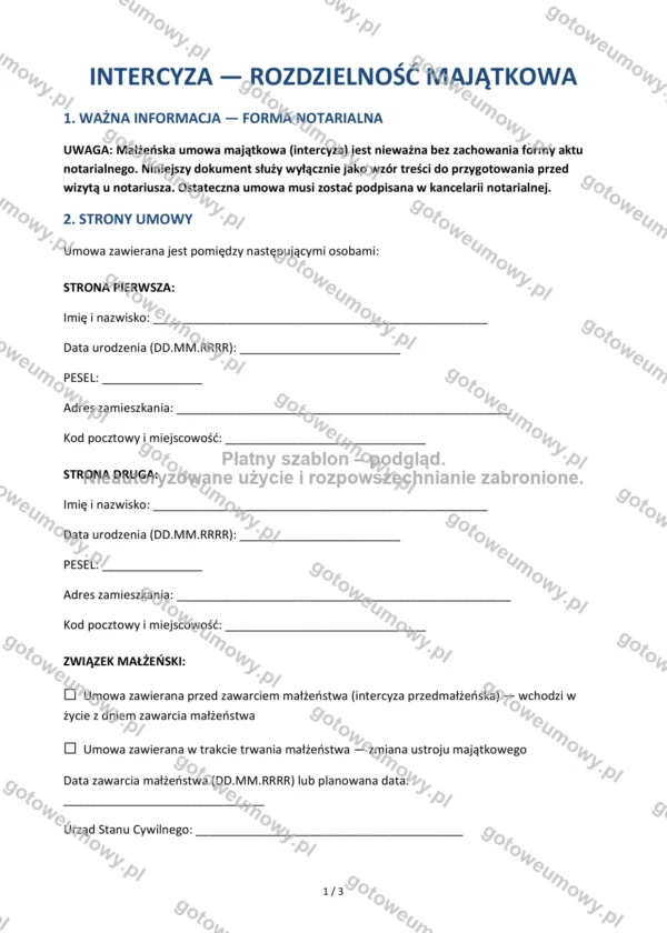 Intercyza — rozdzielność majątkowa — Wzór Word & PDF