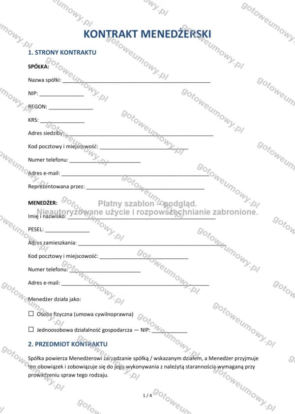 Kontrakt menedżerski — Wzór Word & PDF