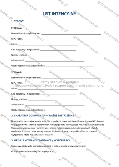 List intencyjny — wzór do pobrania, podgląd strony 1 z 3