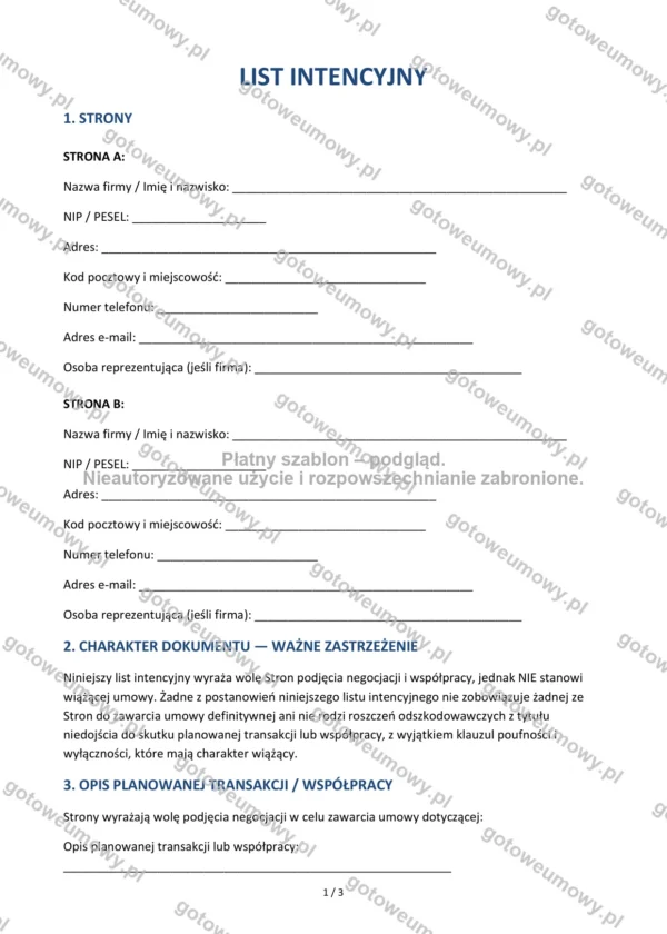 List intencyjny — Wzór Word & PDF