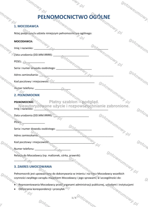 Pełnomocnictwo ogólne — Wzór Word & PDF