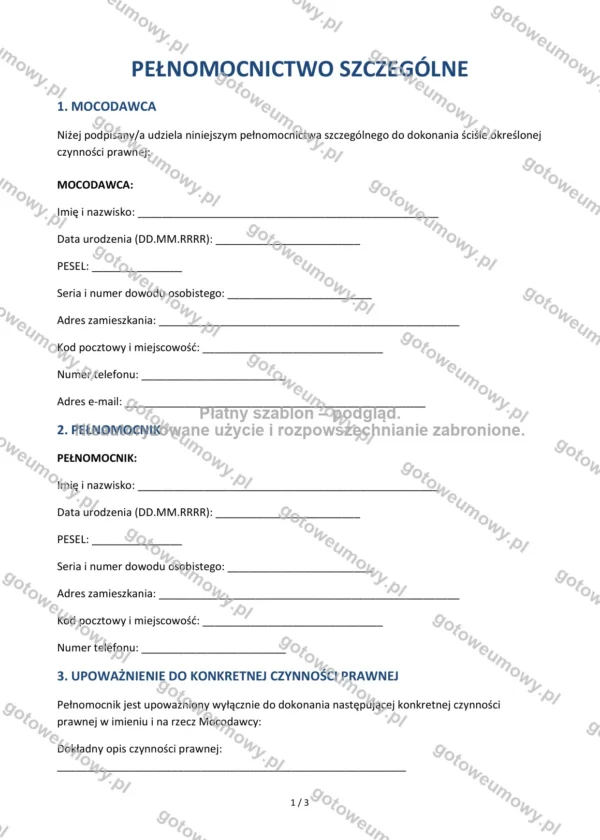 Pełnomocnictwo szczególne — Wzór Word & PDF