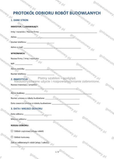 Protokół odbioru robót budowlanych — wzór do pobrania, podgląd strony 1 z 4