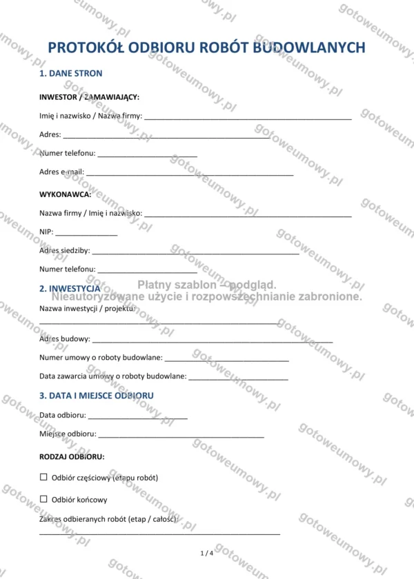 Protokół odbioru robót budowlanych — Wzór Word & PDF