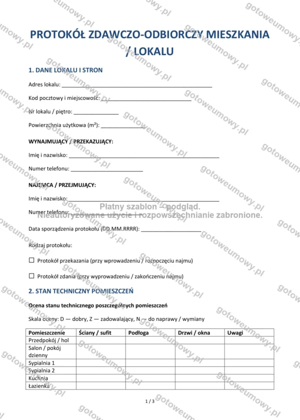 Protokół zdawczo-odbiorczy mieszkania / lokalu — Wzór Word & PDF
