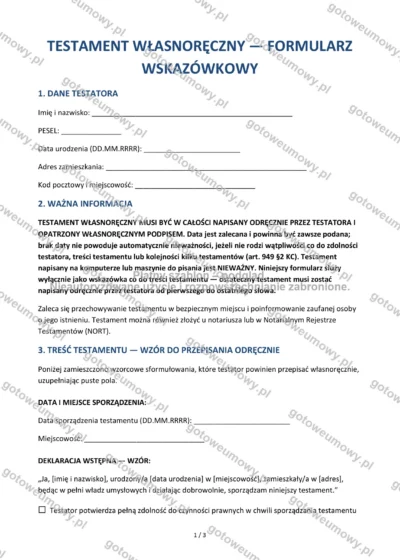 Testament własnoręczny — wzór do pobrania, podgląd strony 1 z 3