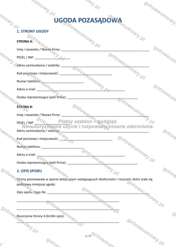 Ugoda pozasądowa — Wzór Word & PDF