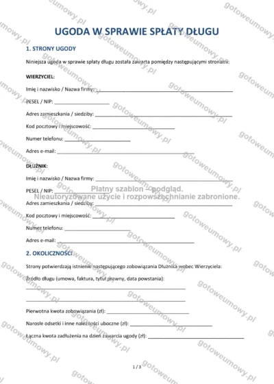 Ugoda w sprawie spłaty długu — wzór do pobrania, podgląd strony 1 z 3