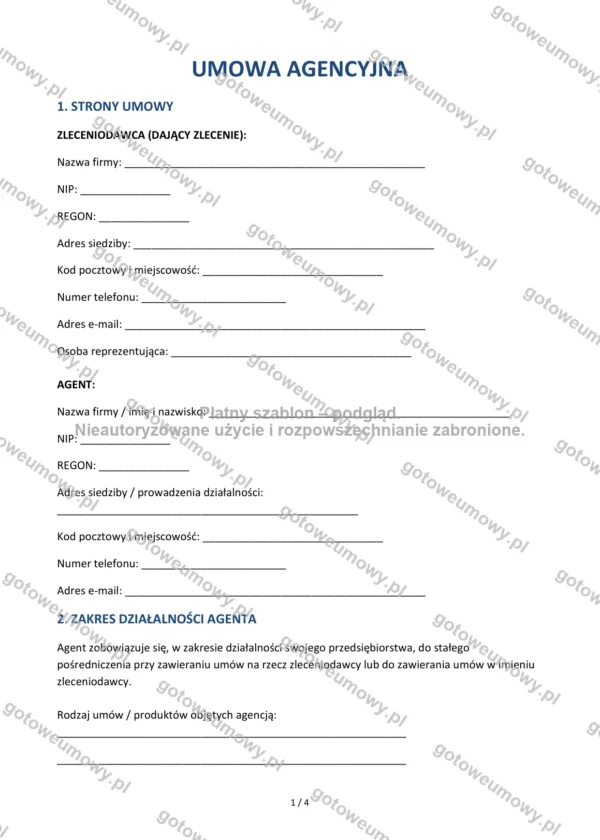 Umowa agencyjna — Wzór Word & PDF