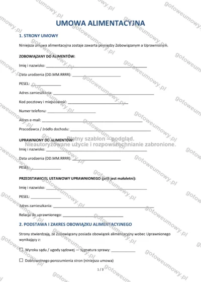 Umowa alimentacyjna — wzór do pobrania, podgląd strony 1 z 3