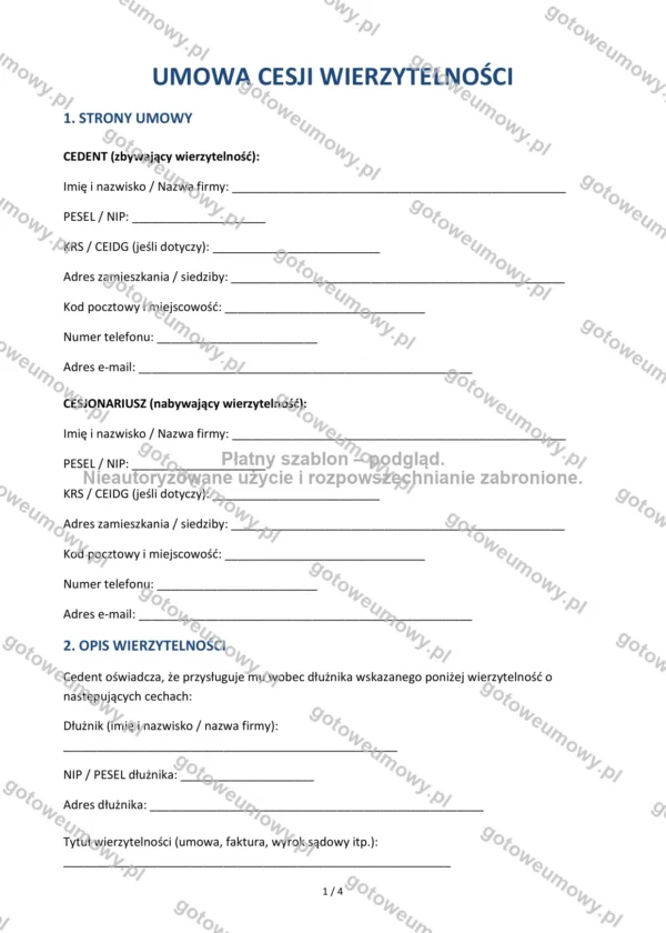 Umowa cesji wierzytelności — Wzór Word & PDF
