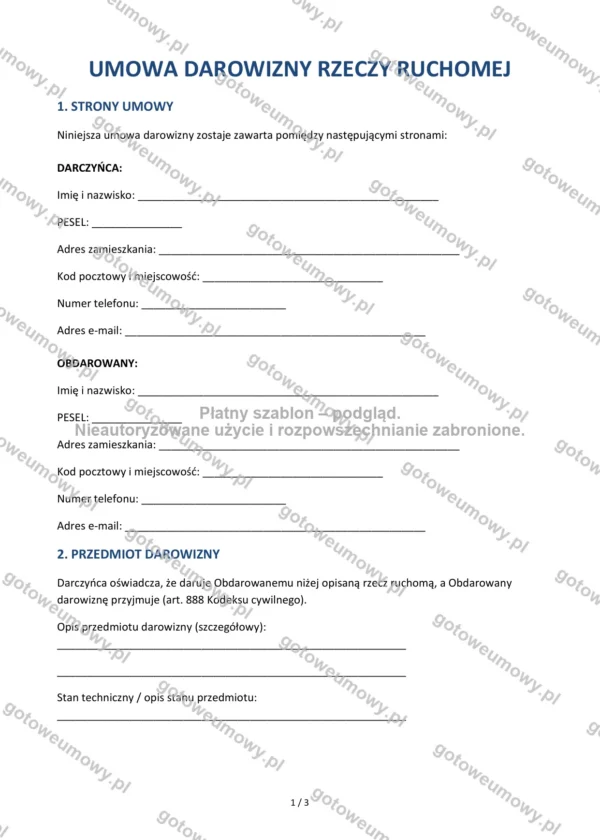Umowa darowizny rzeczy ruchomej — Wzór Word & PDF