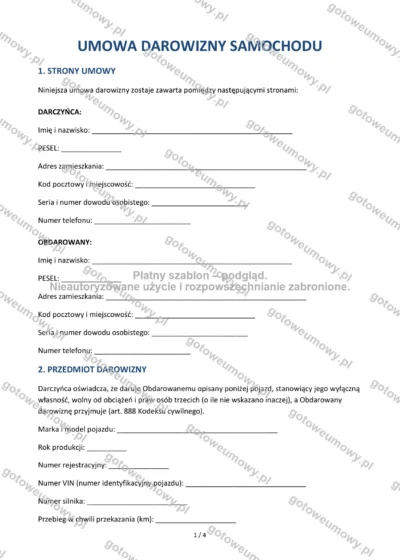Umowa darowizny samochodu — wzór do pobrania, podgląd strony 1 z 4