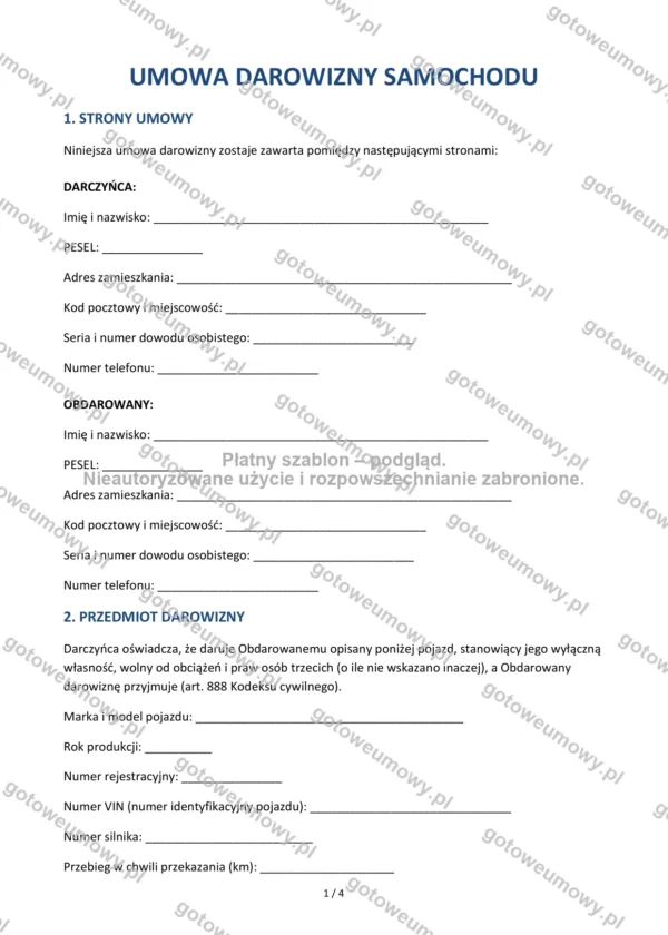 Umowa darowizny samochodu — Wzór Word & PDF