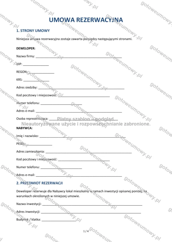 Umowa rezerwacyjna (deweloperska) — Wzór Word & PDF