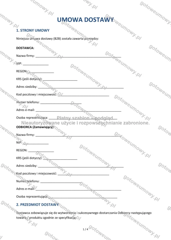Umowa dostawy — Wzór Word & PDF