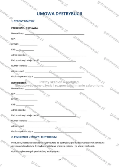Umowa dystrybucji — wzór do pobrania, podgląd strony 1 z 4