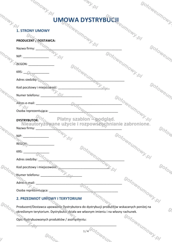 Umowa dystrybucji — Wzór Word & PDF