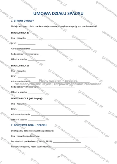 Umowa działu spadku — wzór do pobrania, podgląd strony 1 z 4