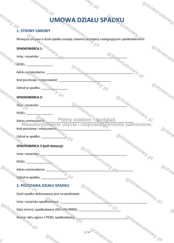 Umowa działu spadku — Wzór Word & PDF