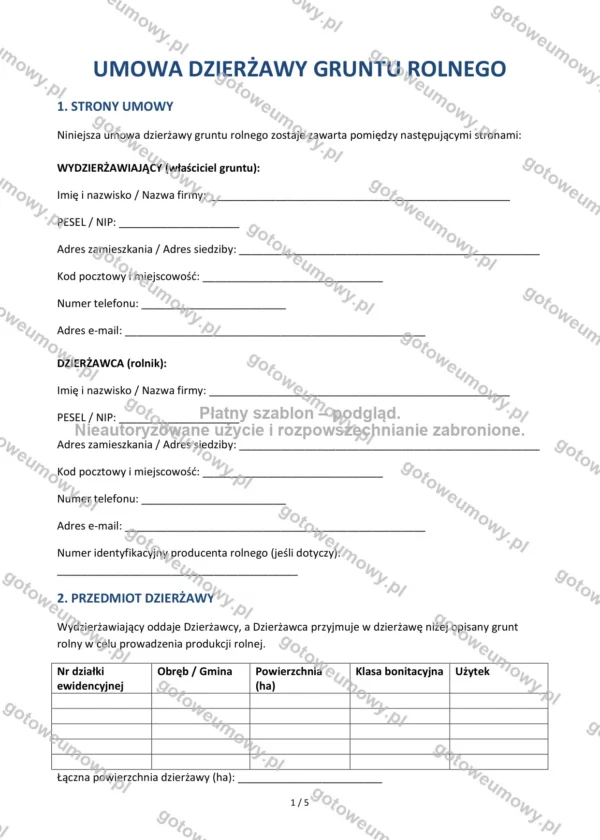 Umowa dzierżawy gruntu rolnego — Wzór Word & PDF