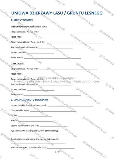 Umowa dzierżawy lasu — wzór do pobrania, podgląd strony 1 z 4