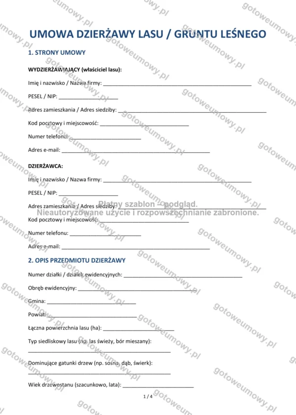 Umowa dzierżawy lasu — Wzór Word & PDF
