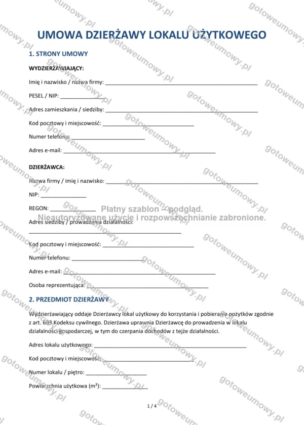 Umowa dzierżawy lokalu użytkowego — Wzór Word & PDF