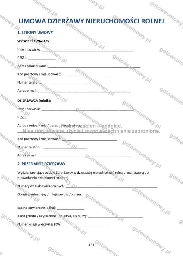 Umowa dzierżawy nieruchomości rolnej — Wzór Word & PDF