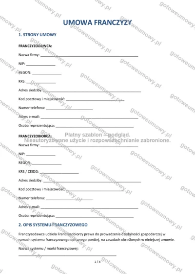 Umowa franczyzy — wzór do pobrania, podgląd strony 1 z 4