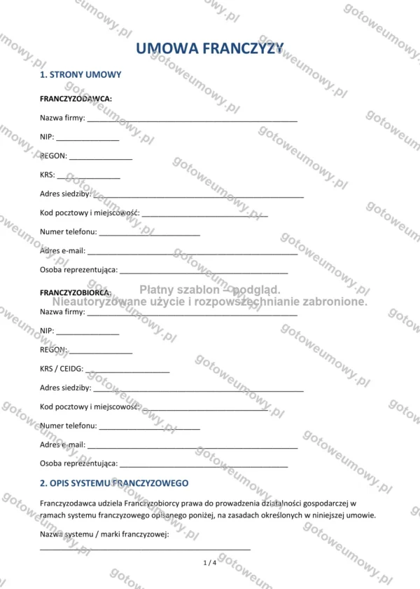 Umowa franczyzy — Wzór Word & PDF