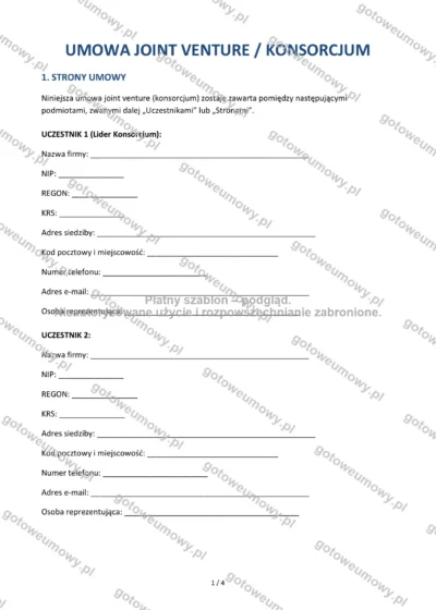 Umowa joint venture / konsorcjum — wzór do pobrania, podgląd strony 1 z 4