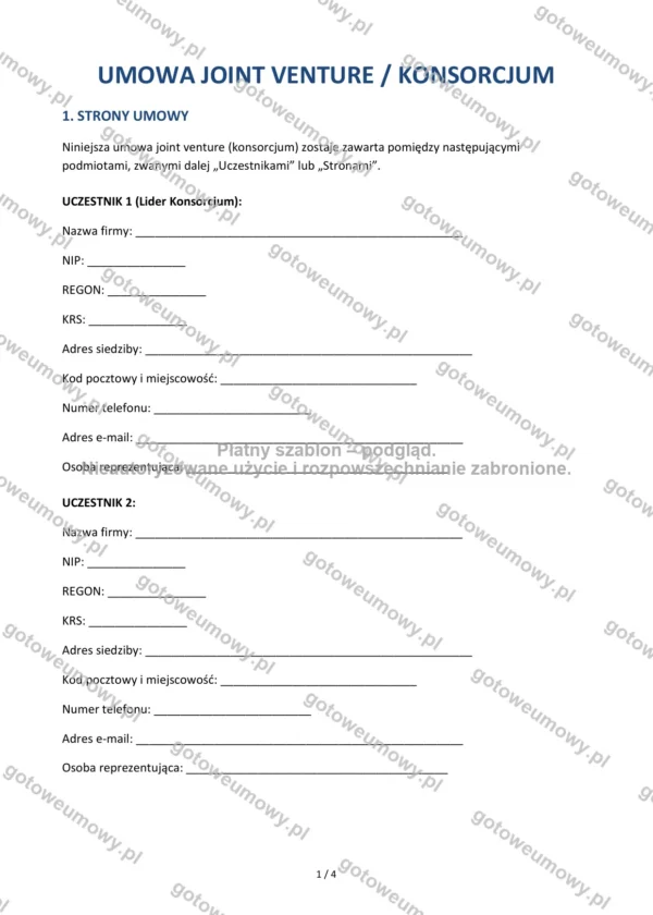 Umowa joint venture / konsorcjum — Wzór Word & PDF