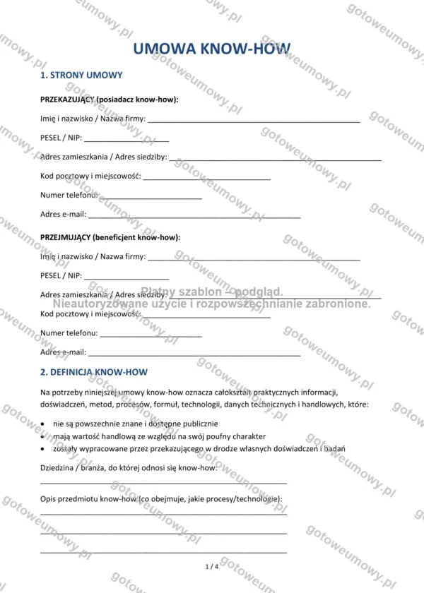 Umowa know-how — Wzór Word & PDF