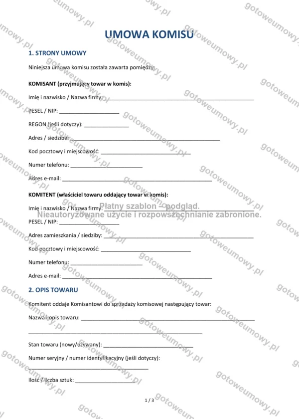 Umowa komisu — Wzór Word & PDF
