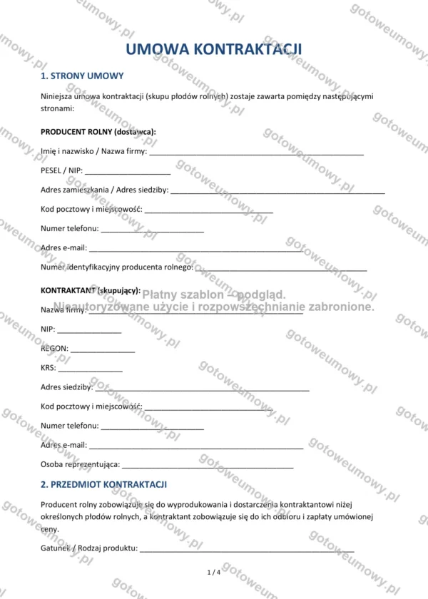 Umowa kontraktacji — Wzór Word & PDF