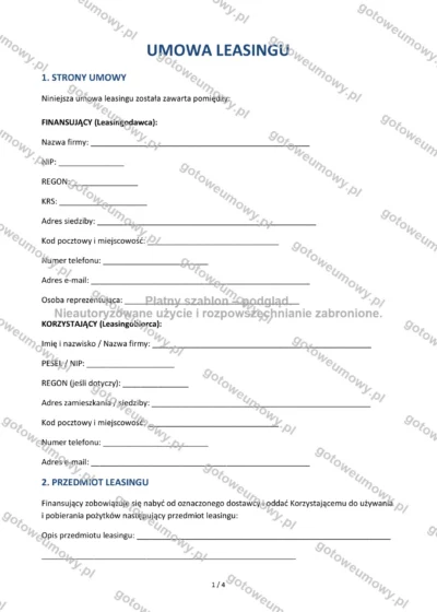 Umowa leasingu — wzór do pobrania, podgląd strony 1 z 4