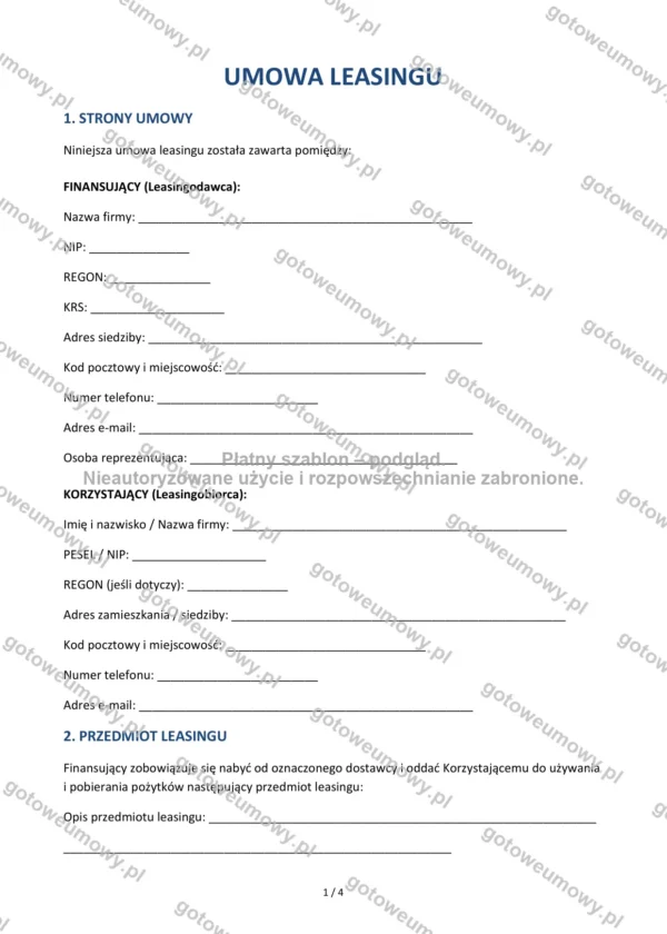 Umowa leasingu — Wzór Word & PDF