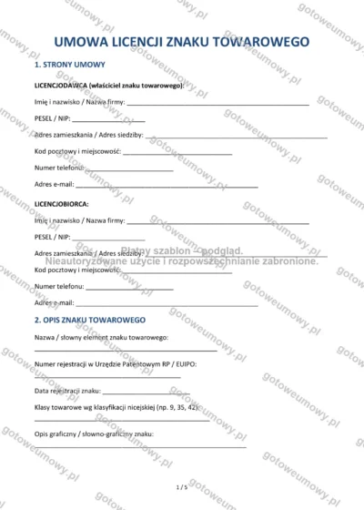 Umowa licencji znaku towarowego — wzór do pobrania, podgląd strony 1 z 5