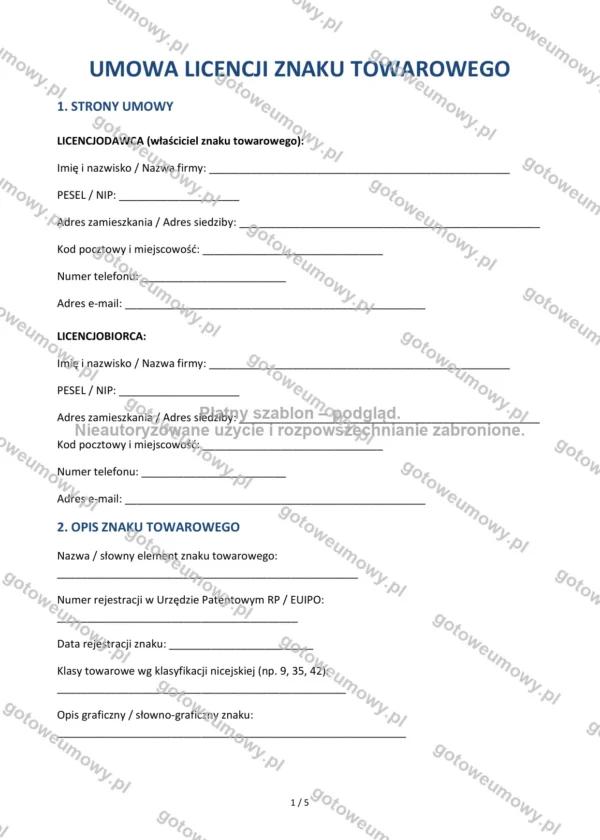 Umowa licencji znaku towarowego — Wzór Word & PDF