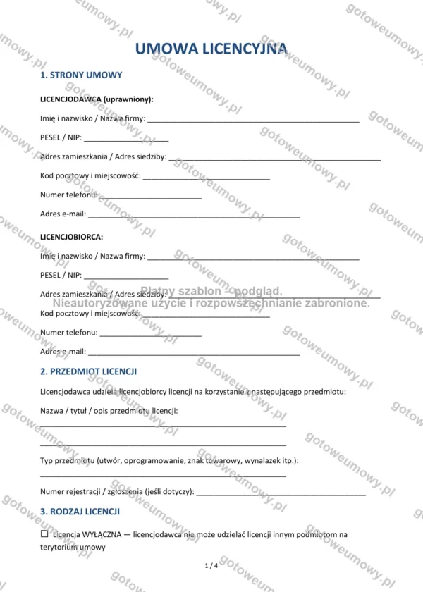 Umowa licencyjna — Wzór Word & PDF