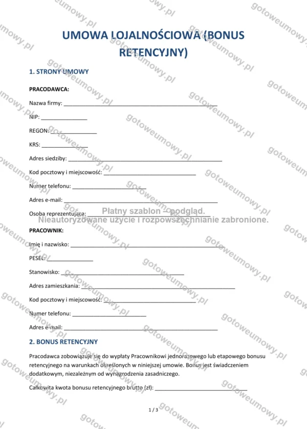 Umowa lojalnościowa (bonus retencyjny) — Wzór Word & PDF