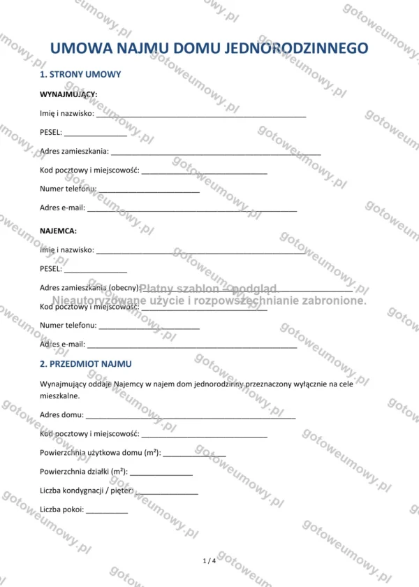 Umowa najmu domu jednorodzinnego — Wzór Word & PDF