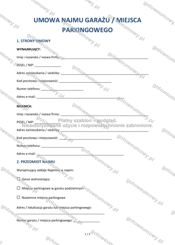 Umowa najmu garażu / miejsca parkingowego — Wzór Word & PDF