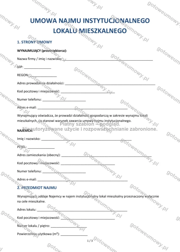 Umowa najmu instytucjonalnego lokalu mieszkalnego — Wzór Word & PDF