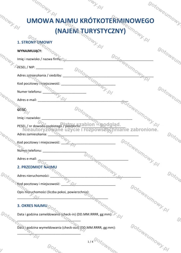 Umowa najmu krótkoterminowego (najem turystyczny) — Wzór Word & PDF