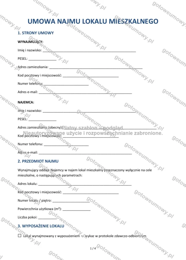 Umowa najmu lokalu mieszkalnego — Wzór Word & PDF