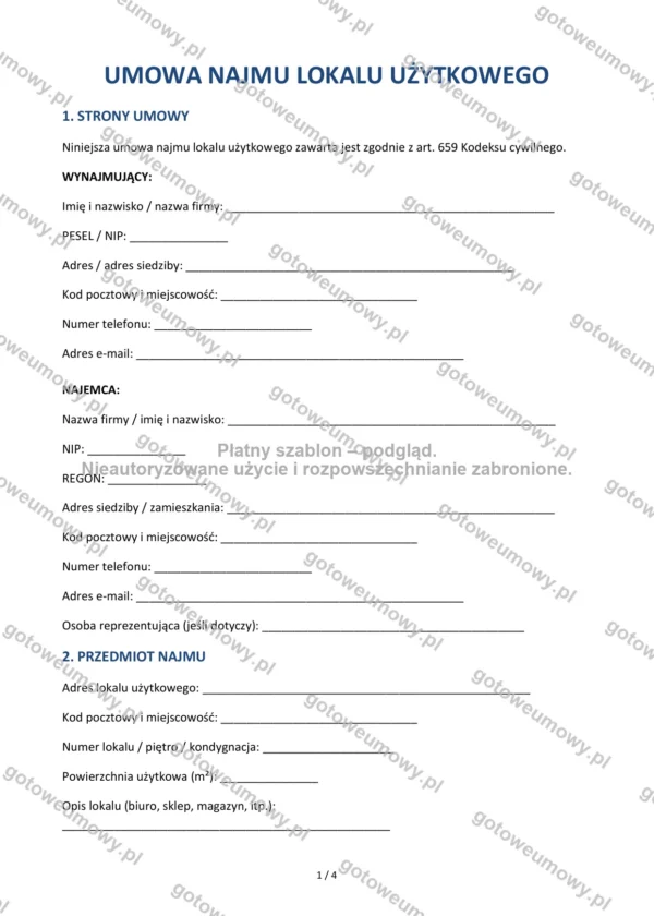 Umowa najmu lokalu użytkowego — Wzór Word & PDF