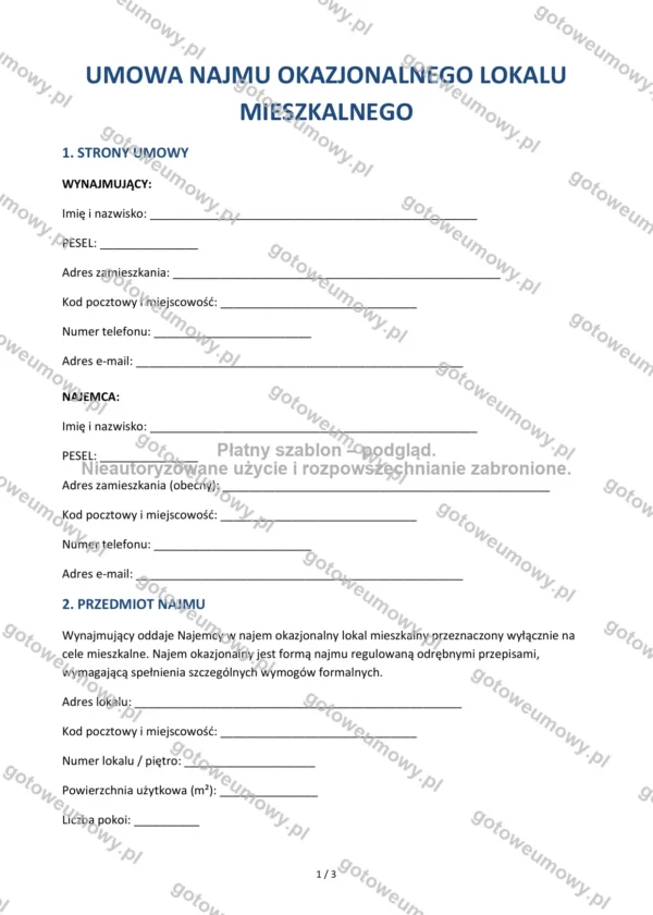 Umowa najmu okazjonalnego — Wzór Word & PDF
