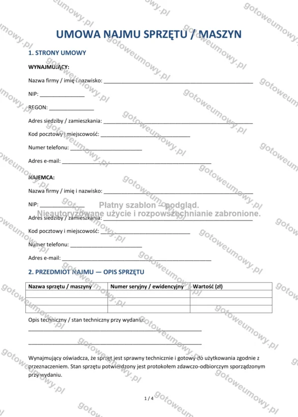 Umowa najmu sprzętu — Wzór Word & PDF